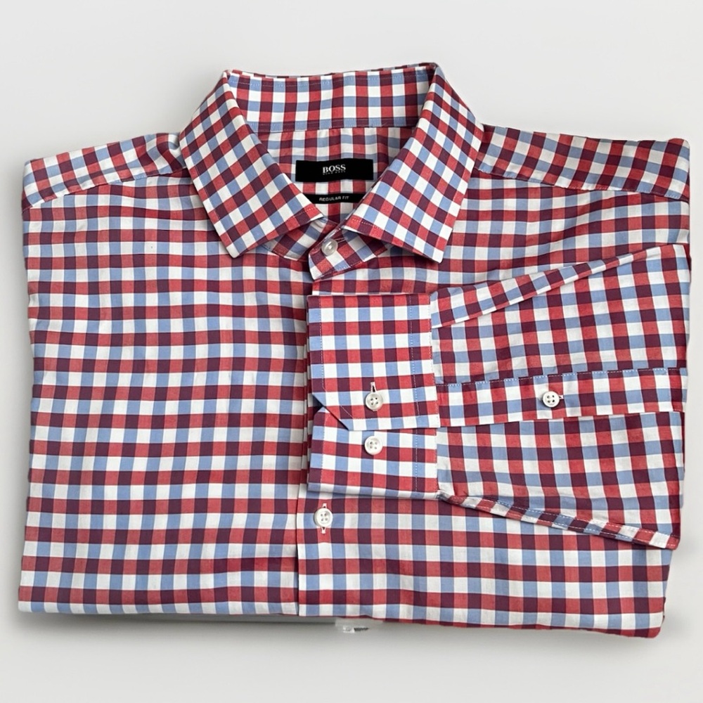 $15 SALE Hugo Boss Mens 17.5 Gingham Designer Shirt Orange Regular Fit‎